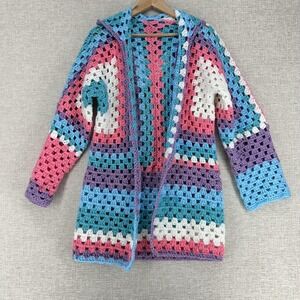 Cardigan Womens Medium Multicolor Crochet Hooded Open Front Granny Square Boho